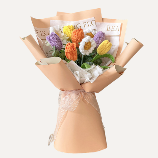 The Garden Medley Bouquet - Multicolored Crochet Daisy and Tulip Arrangement