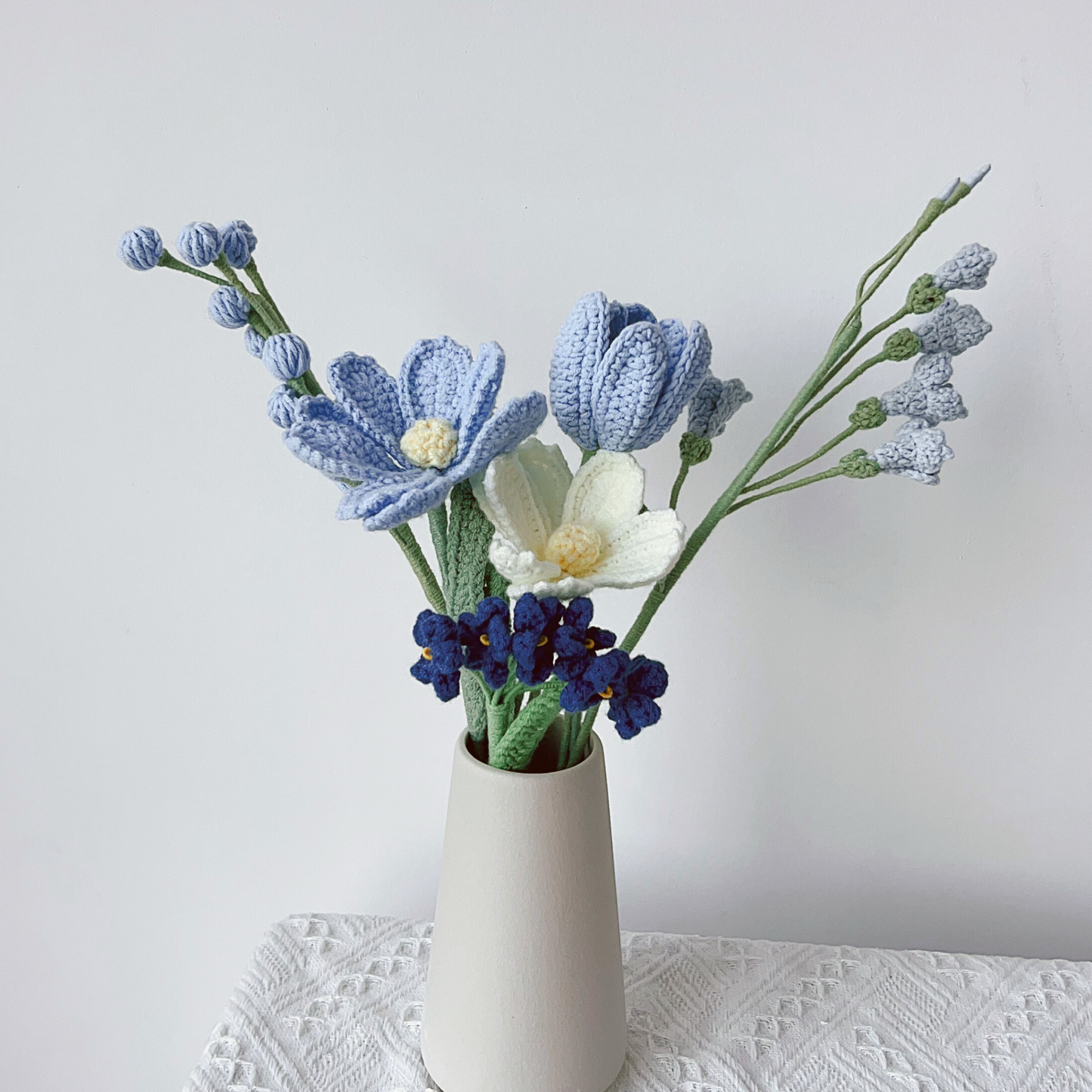 Design Your Own Blue Bouquet – Crochet Tulip,Lily of Valley, Freesia Bouquet