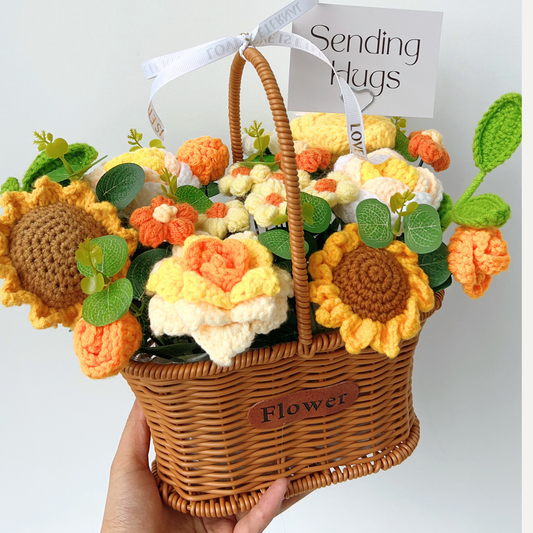 The Sunshine Hug Basket - Handmade Crochet Sunflower & Rose Arrangement