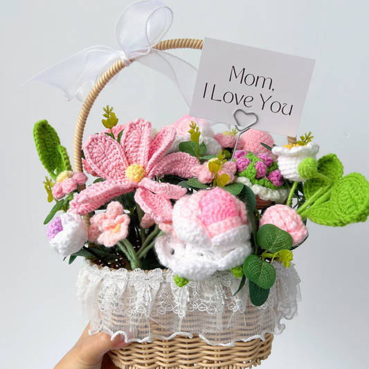 The Maternal Bloom Basket - Elegant Pink Crochet Floral Arrangement for Her