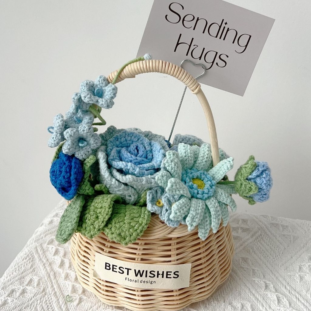 Handmade Crochet Blue Flower Bouquet in Wicker Basket - "Thinking of You" Everlasting Rose & Daisy Gift