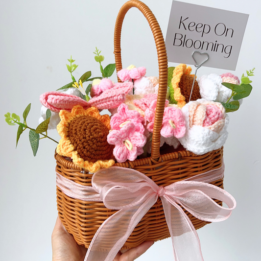 The Pink Petals Basket - Mixed Crochet Sunflower & Rose Arrangement