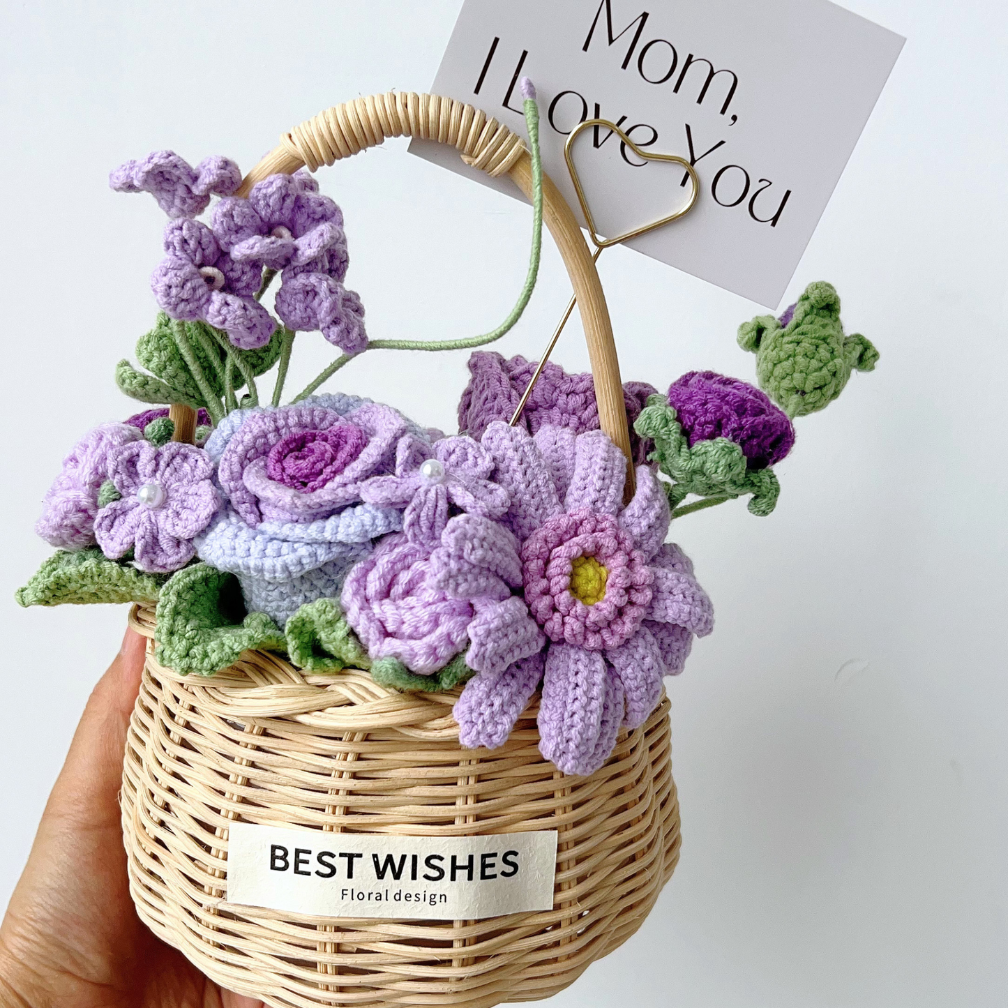 Handmade Crochet Flower Bouquet in Woven Basket - Everlasting Pink Rose & Daisy Birthday Gift