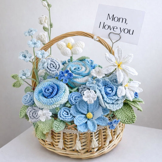 Luxury Handmade Crochet Rose & Daisy Bouquet in Woven Basket - Everlasting Floral Gift