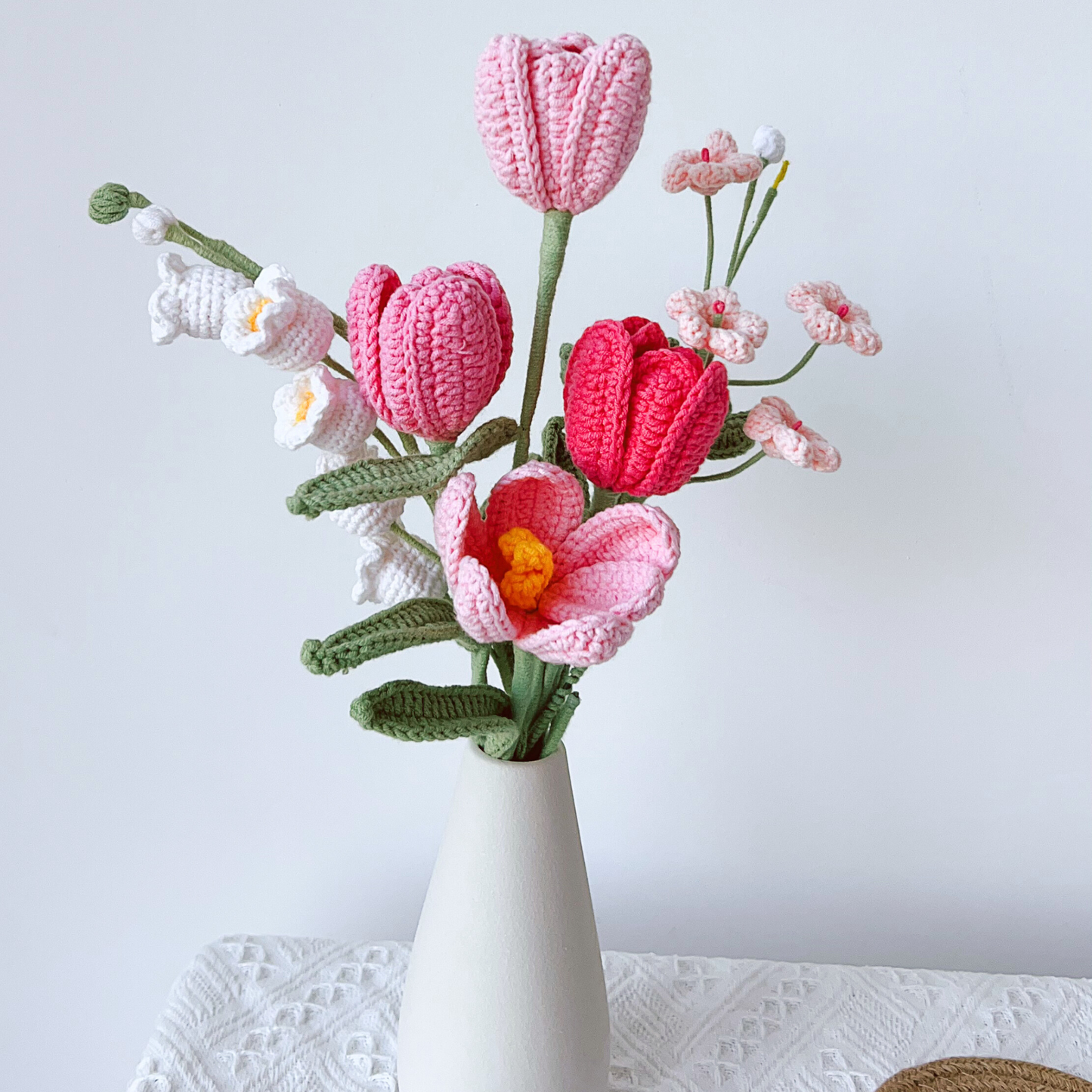 Custom Pink Crochet Flower Bouquet - Pick Your Own Tulip, Lily, Daisy & Peony