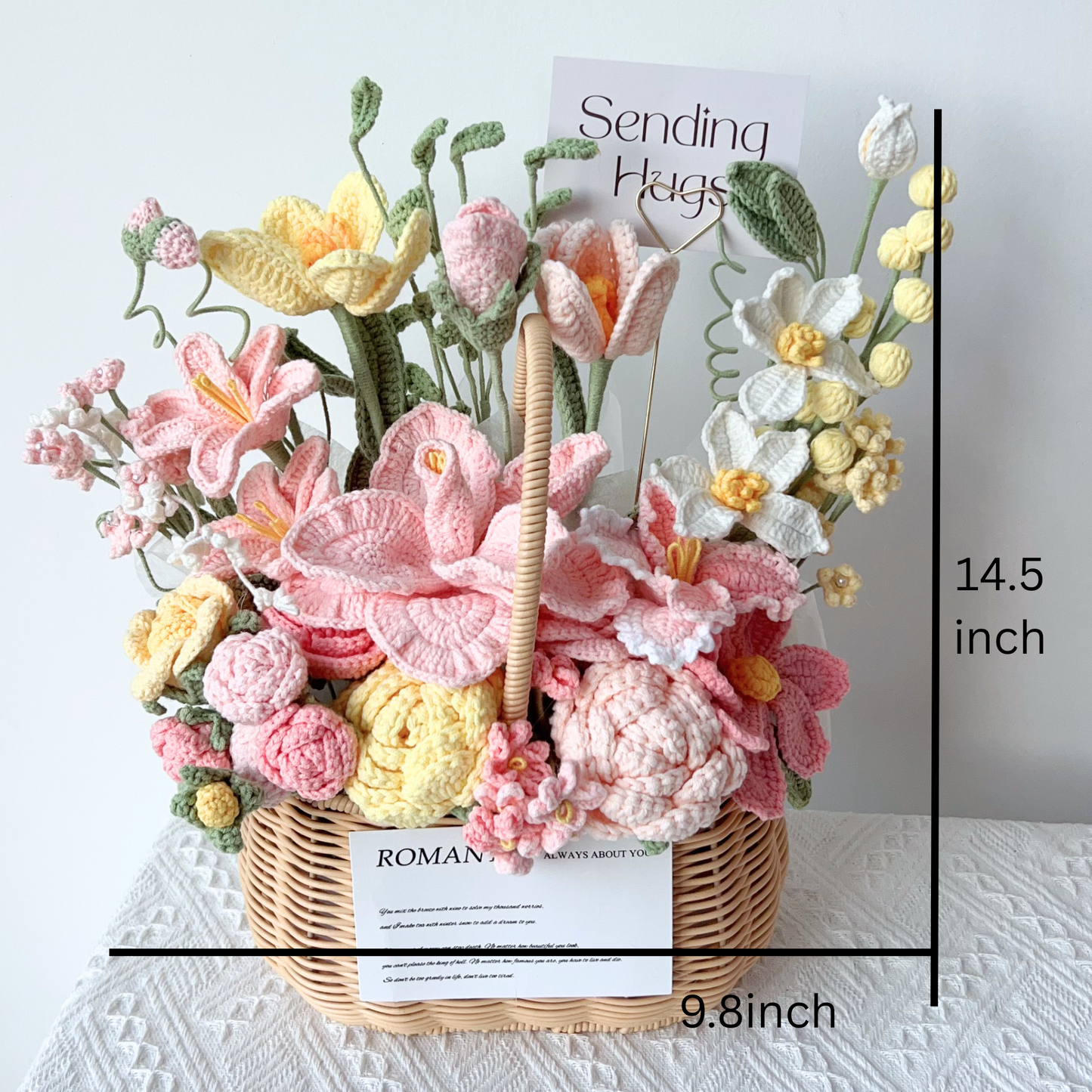 Premium Crochet Floral Arrangement in Woven Basket – Artisan Birthday & Anniversary Gift