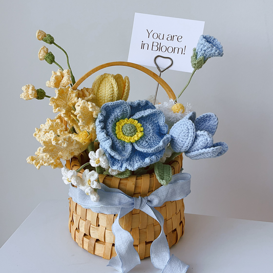 "Pastel Meadow" Serene Blue Everlasting Crochet Flower Basket