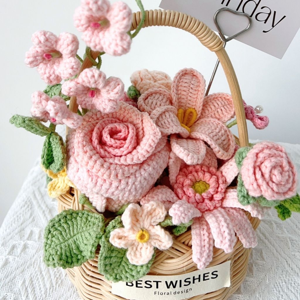 Handmade Crochet Flower Bouquet in Woven Basket - Everlasting Pink Rose & Daisy Birthday Gift