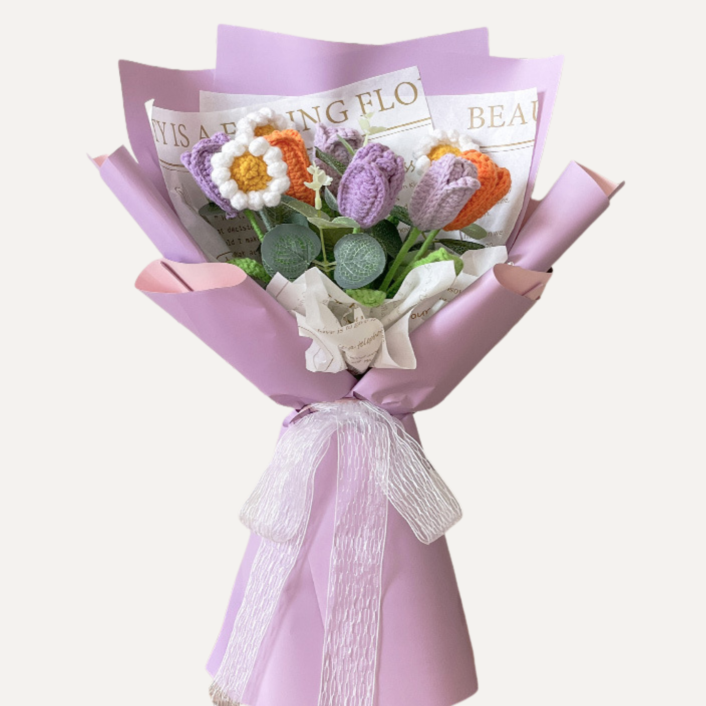 The Garden Medley Bouquet - Multicolored Crochet Daisy and Tulip Arrangement