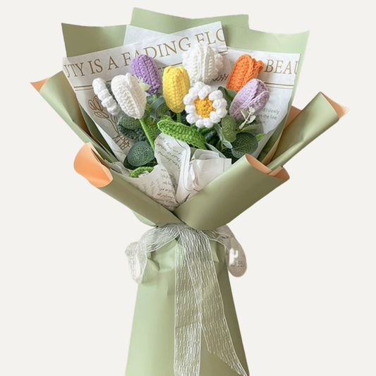 The Garden Medley Bouquet - Multicolored Crochet Daisy and Tulip Arrangement