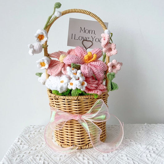 "Petal Love Letter" Handmade Crochet Flower Basket – Everlasting Pink Mother's Day Floral Gift
