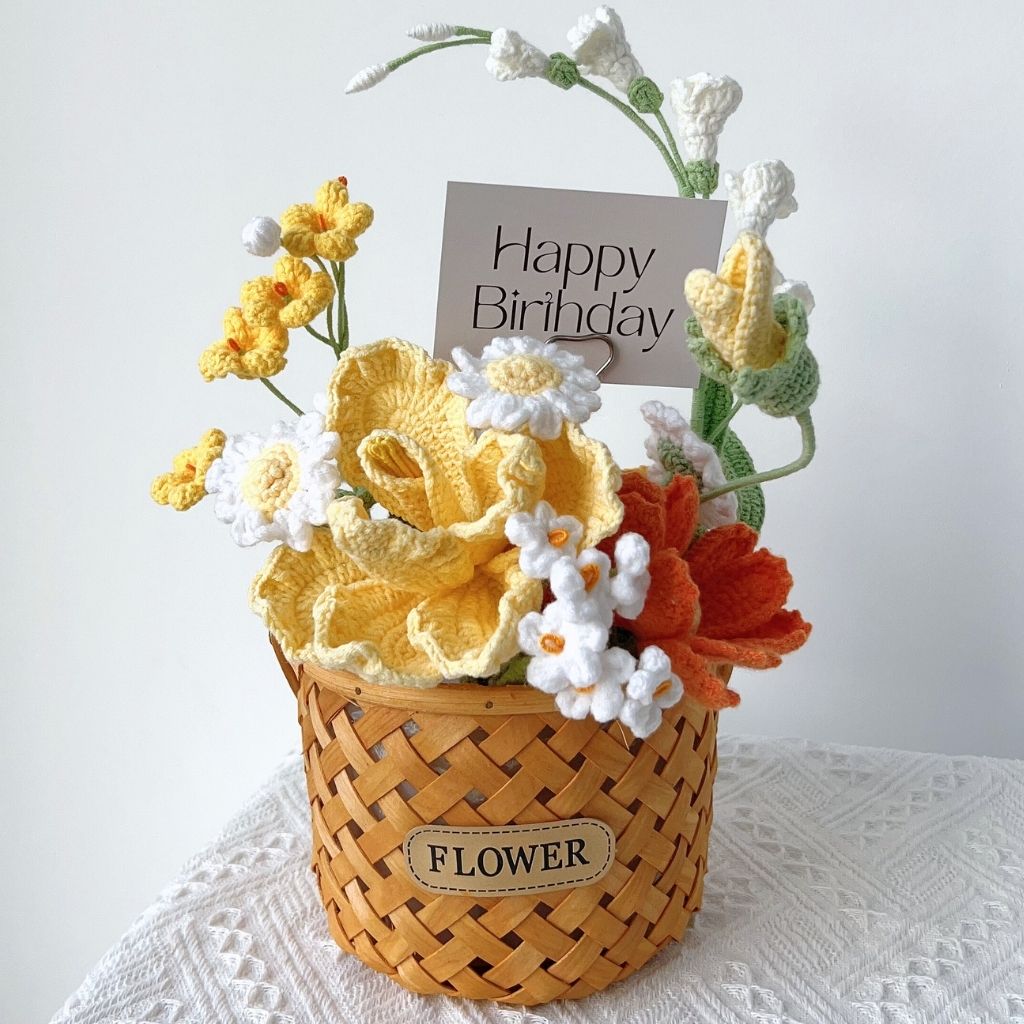 "Golden Hour Bloom" Handmade Crochet Flower Basket – Everlasting Yellow Birthday Floral Gift