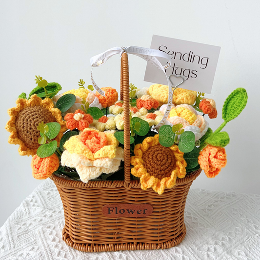 The Sunshine Hug Basket - Handmade Crochet Sunflower & Rose Arrangement