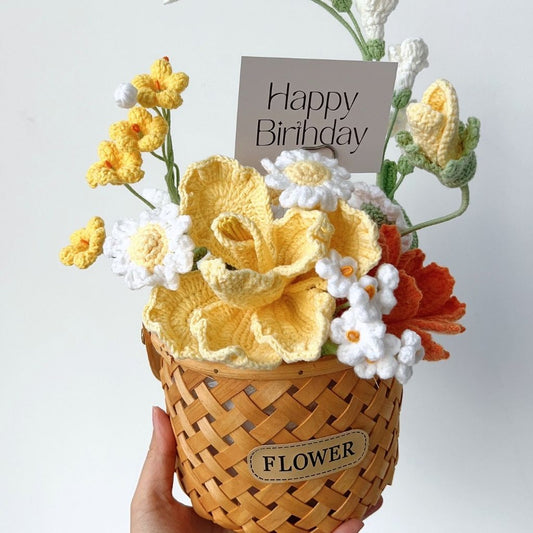 "Golden Hour Bloom" Handmade Crochet Flower Basket – Everlasting Yellow Birthday Floral Gift
