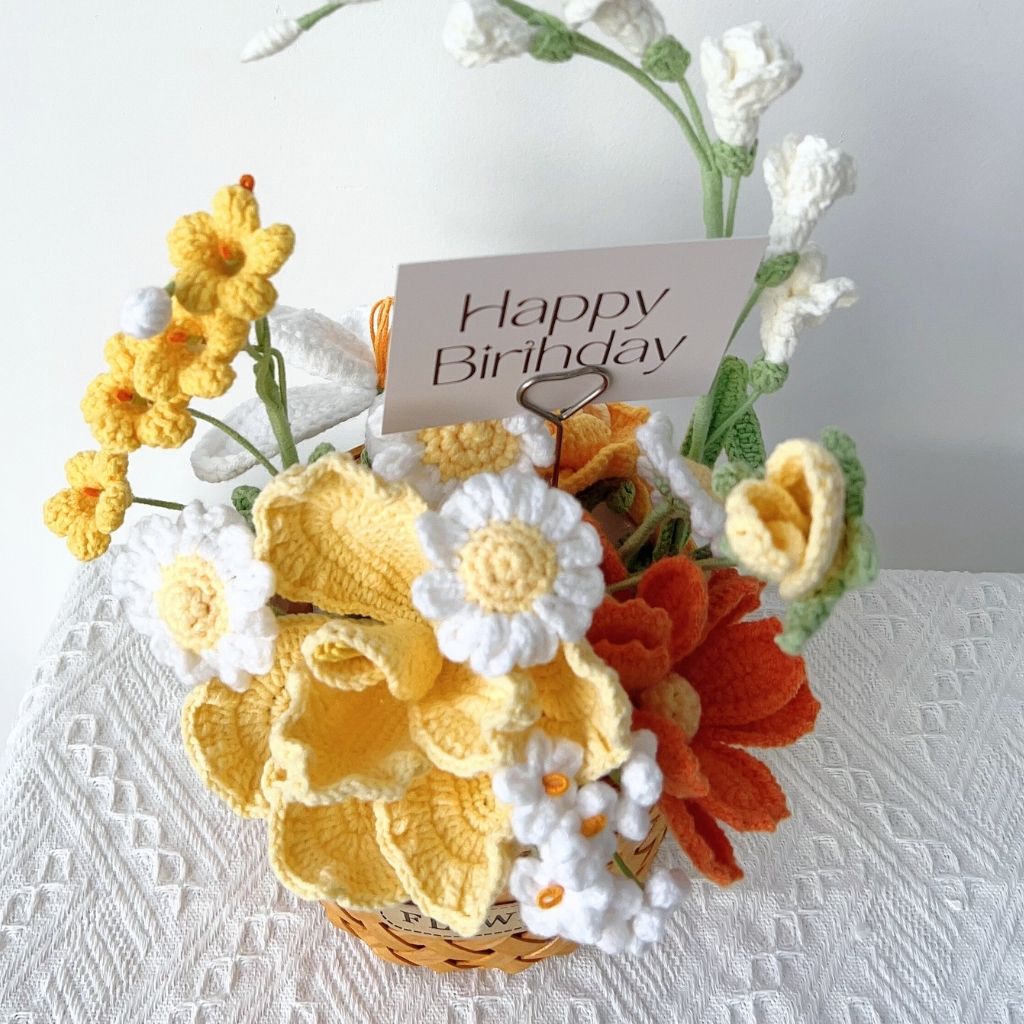 "Golden Hour Bloom" Handmade Crochet Flower Basket – Everlasting Yellow Birthday Floral Gift