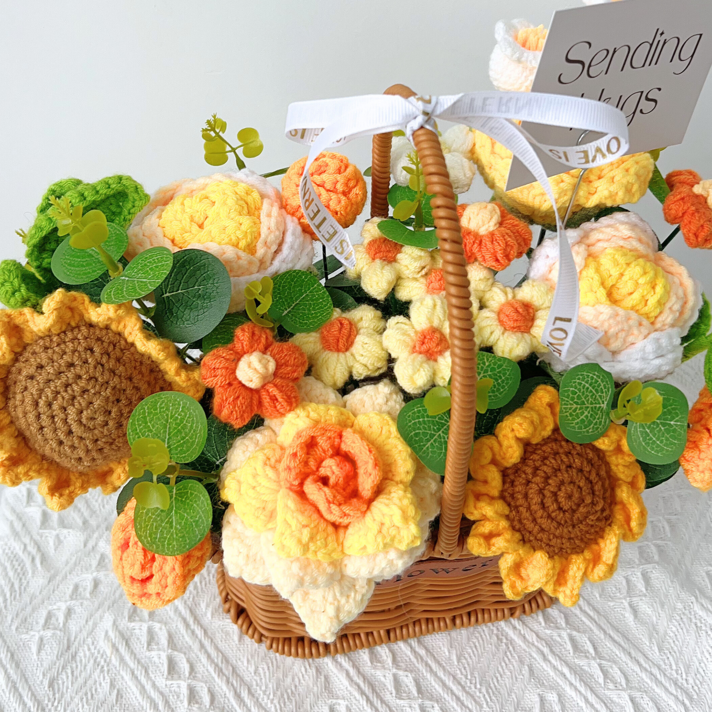 The Sunshine Hug Basket - Handmade Crochet Sunflower & Rose Arrangement