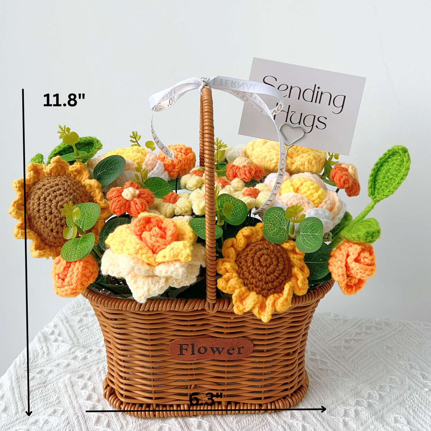 The Sunshine Hug Basket - Handmade Crochet Sunflower & Rose Arrangement