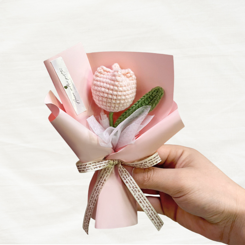 Handmade Mini Crochet Tulip in a Pot – Eternal Knitted Potted Flower for Desk Decor & Small Gifts