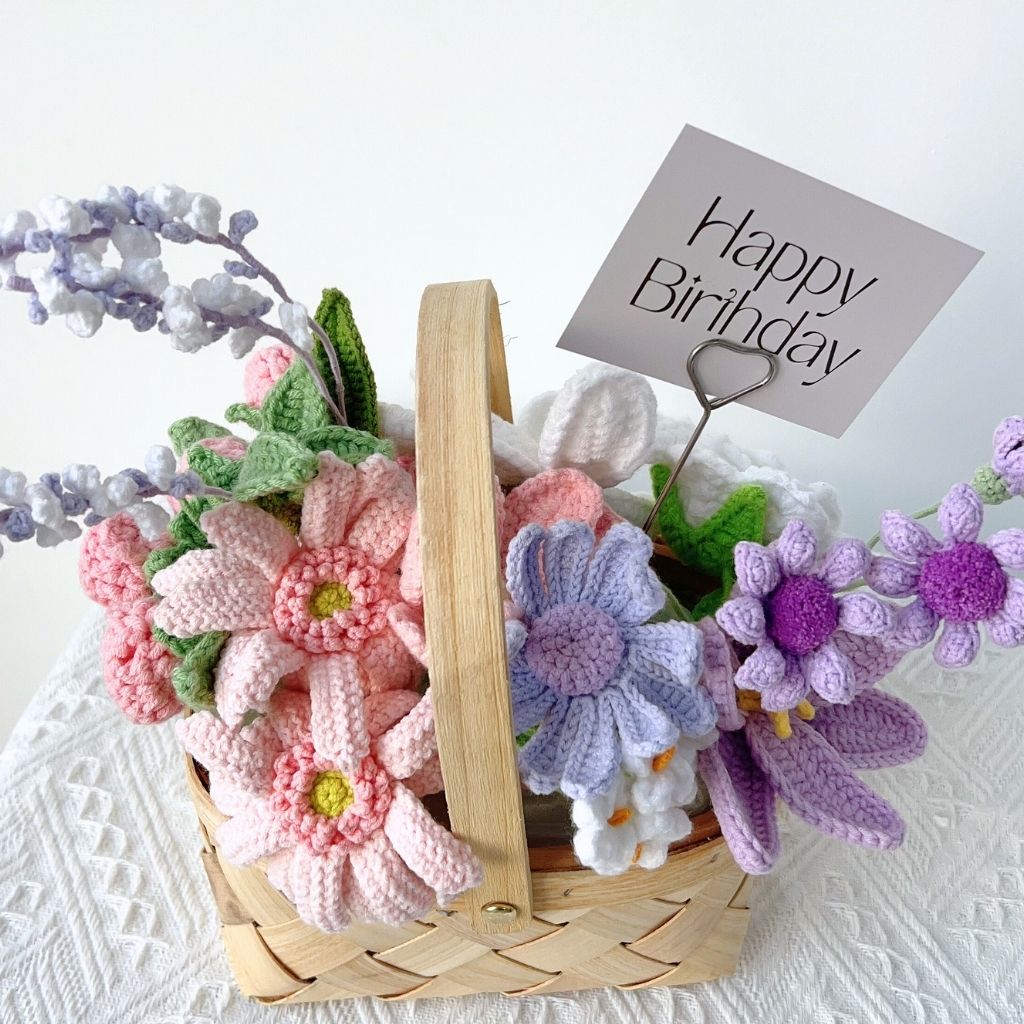 "Violet Reverie" Handmade Crochet Flower Basket – Everlasting Purple & Pink Birthday Floral Gift