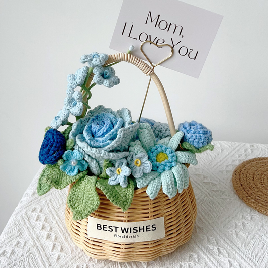 Handmade Crochet Blue Flower Bouquet in Wicker Basket - "Thinking of You" Everlasting Rose & Daisy Gift