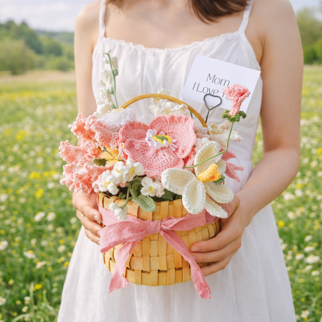 "Petal Whisper" Blushing Pink Everlasting Crochet Flower Basket