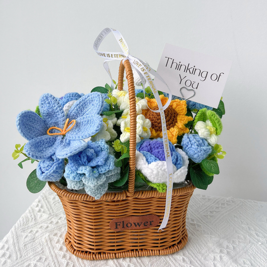 The Serenity Garden Basket - Blue & White Handmade Crochet Floral Gift