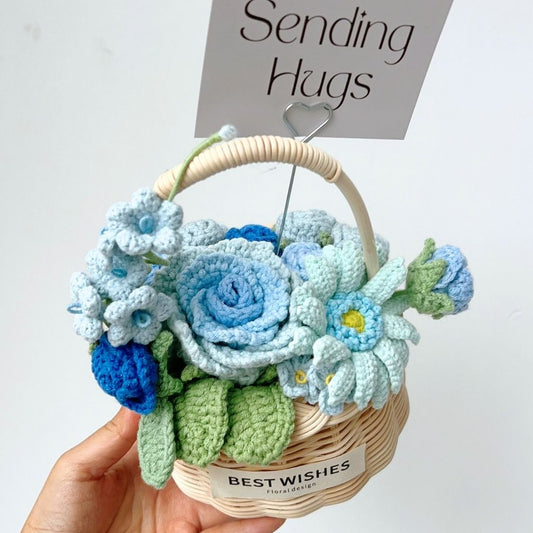 Handmade Crochet Blue Flower Bouquet in Wicker Basket - "Thinking of You" Everlasting Rose & Daisy Gift