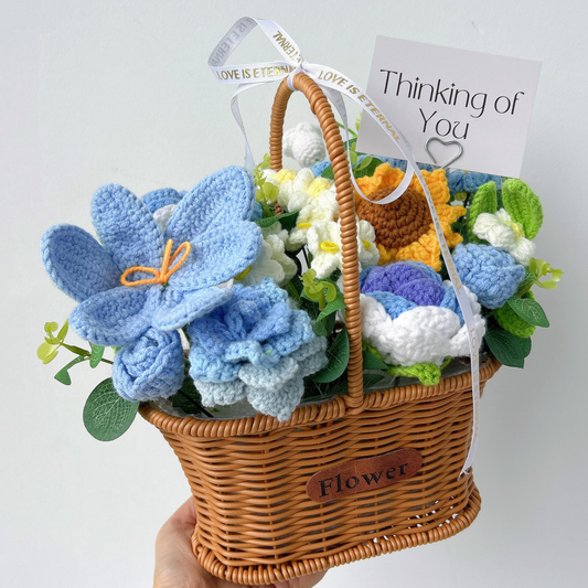 The Serenity Garden Basket - Blue & White Handmade Crochet Floral Gift