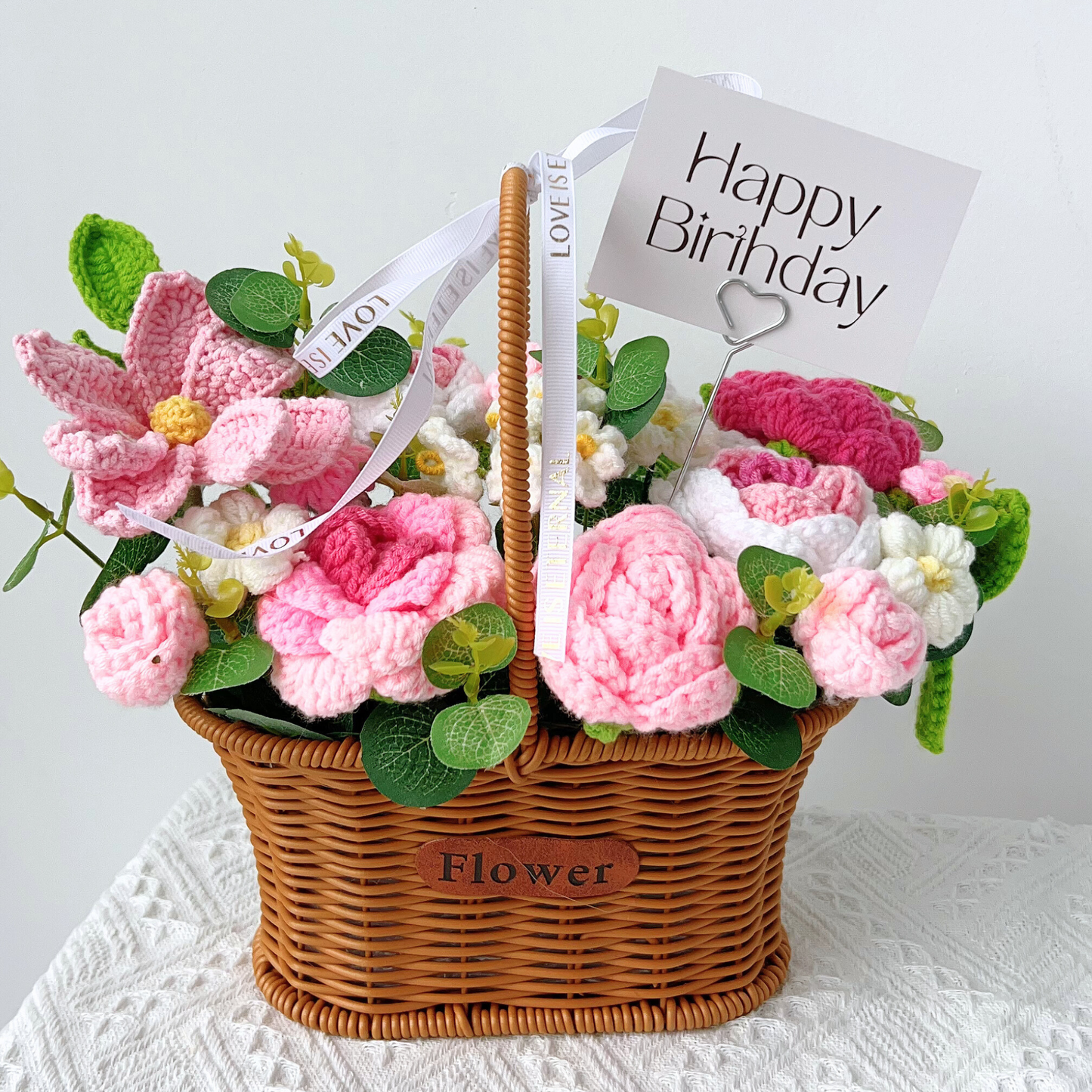 The Birthday Blush Basket - Pink & White Hand-Knitted Crochet Roses