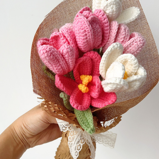 Velvety Pink Crochet Tulip Arrangement - Soft Aesthetic Everlasting Flowers