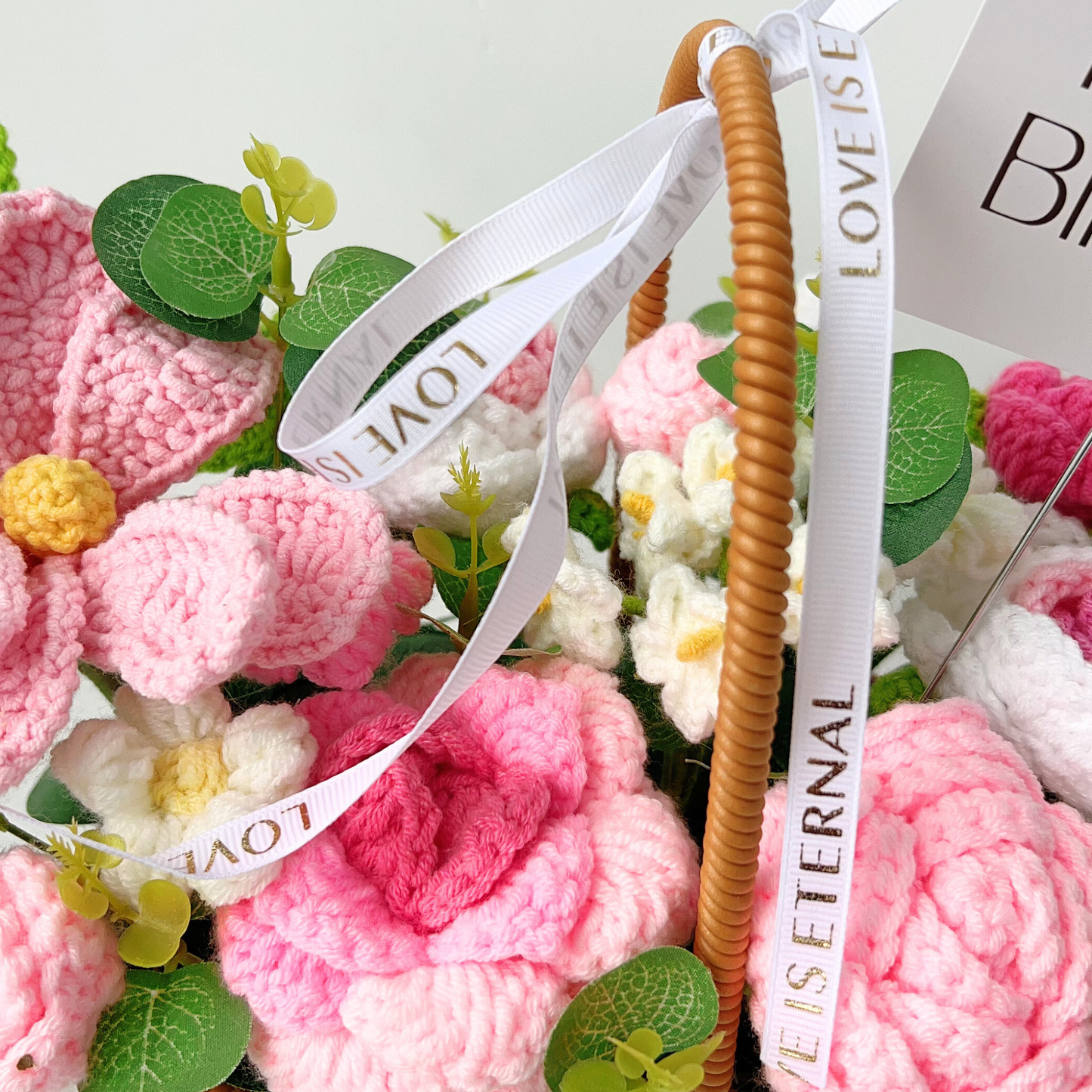 The Birthday Blush Basket - Pink & White Hand-Knitted Crochet Roses