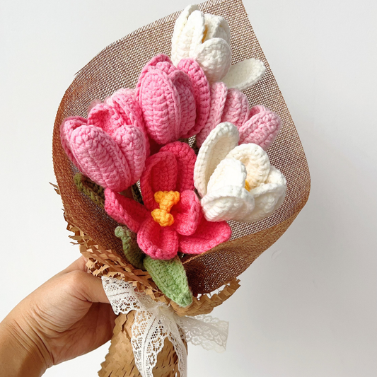 Velvety Pink Crochet Tulip Arrangement - Soft Aesthetic Everlasting Flowers