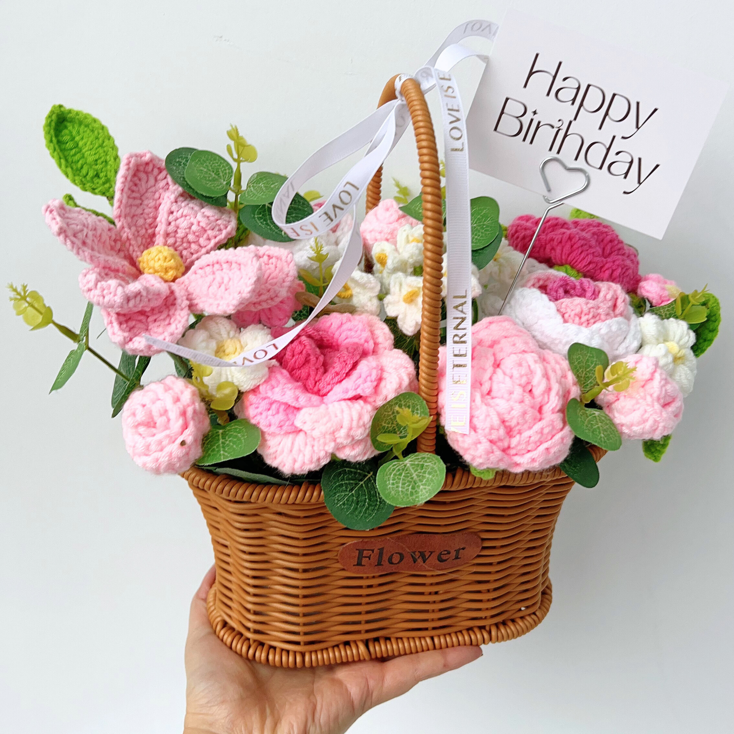 The Birthday Blush Basket - Pink & White Hand-Knitted Crochet Roses