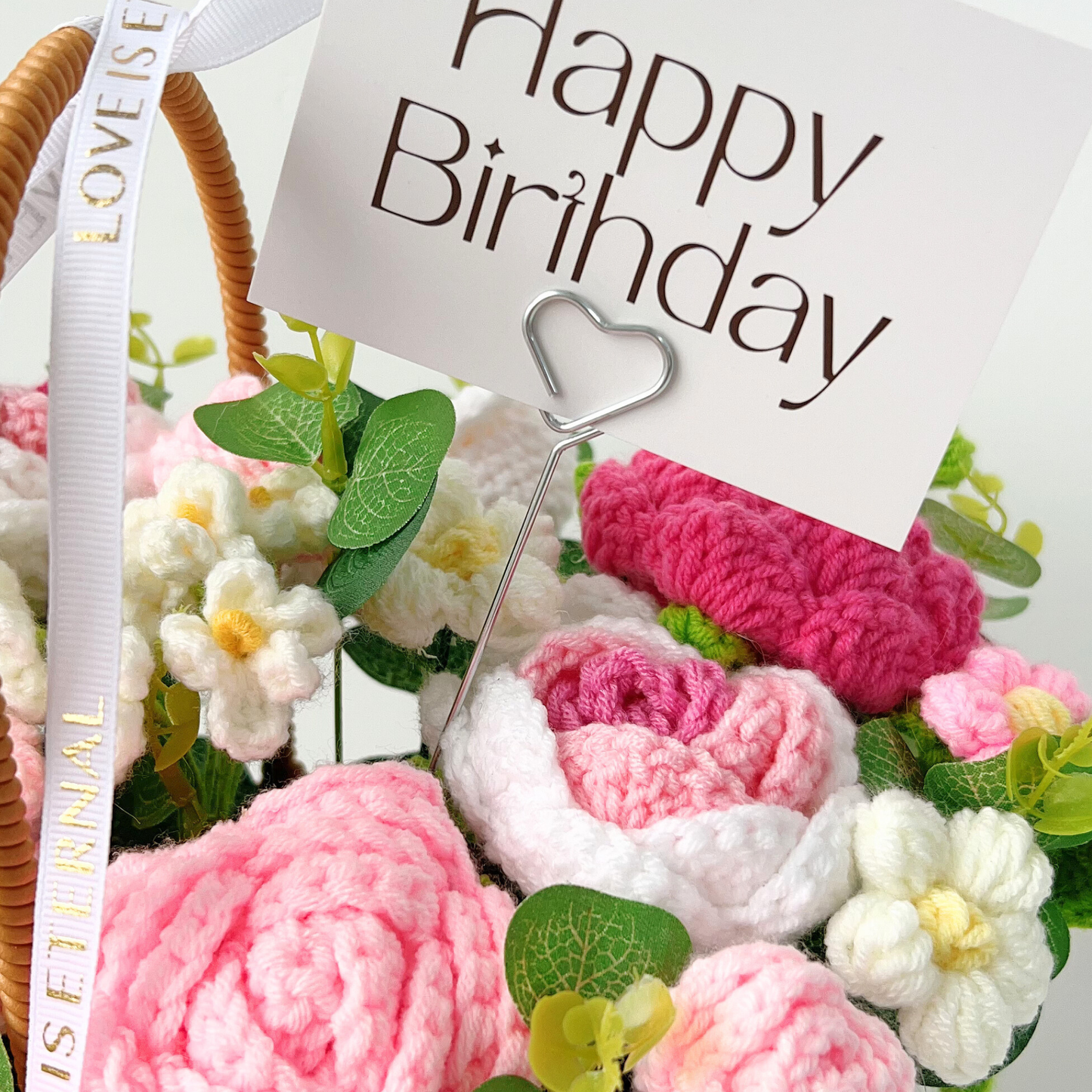 The Birthday Blush Basket - Pink & White Hand-Knitted Crochet Roses