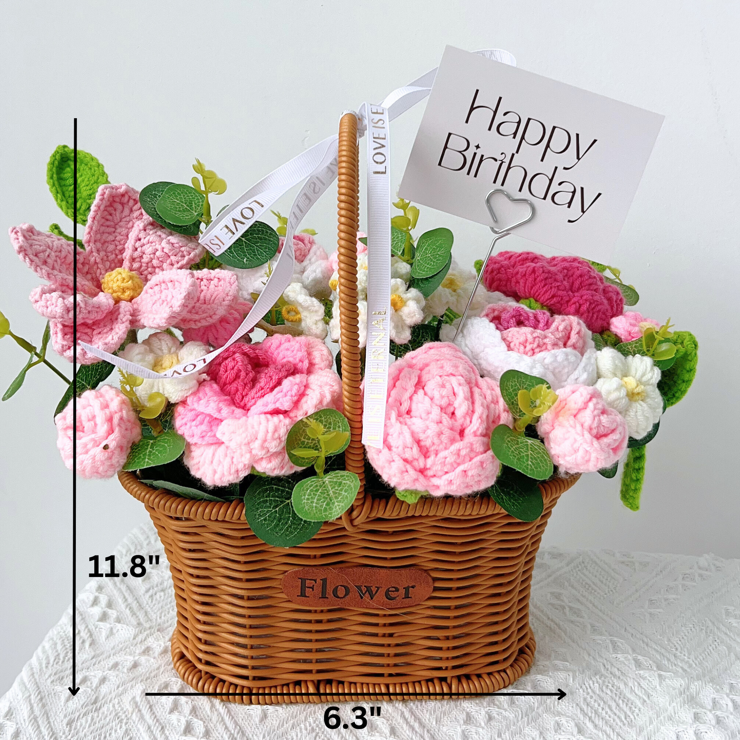 The Birthday Blush Basket - Pink & White Hand-Knitted Crochet Roses