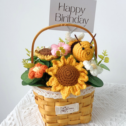 The Busy Bee Celebration Basket - Whimsical Crochet Sunflower with Bumblebee
