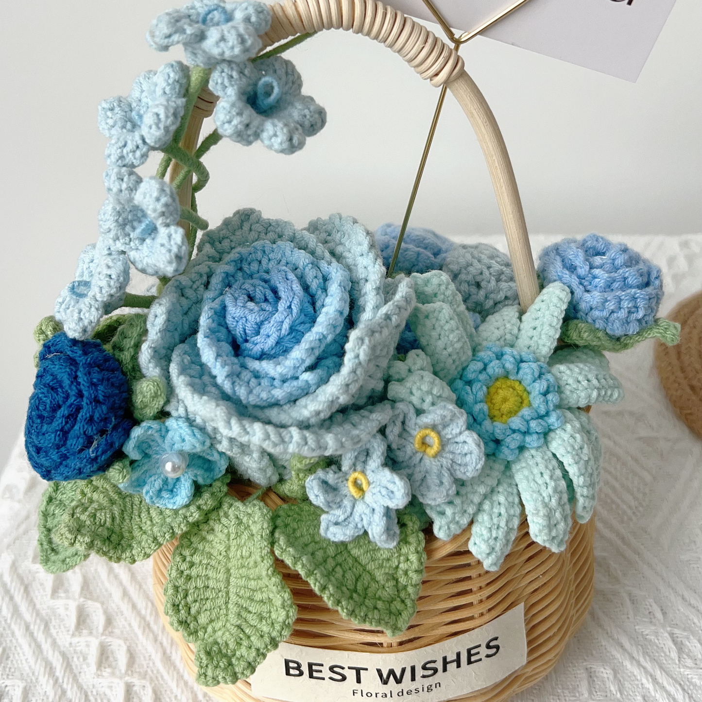 Handmade Crochet Blue Flower Bouquet in Wicker Basket - "Thinking of You" Everlasting Rose & Daisy Gift