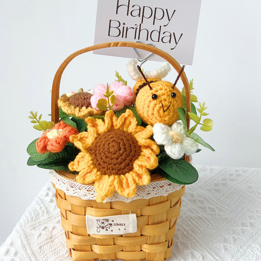 The Busy Bee Celebration Basket - Whimsical Crochet Sunflower with Bumblebee