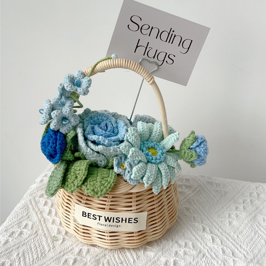 Handmade Crochet Blue Flower Bouquet in Wicker Basket - "Thinking of You" Everlasting Rose & Daisy Gift