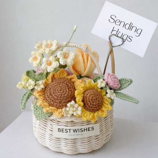 Handmade Crochet Sunflower Bouquet in Tassel Woven Basket - "Sending Hugs" Everlasting Floral Gift