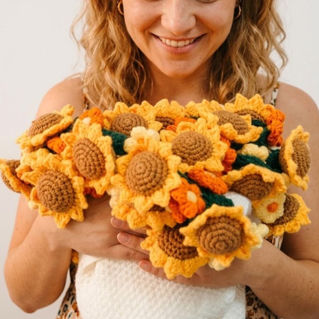 Handmade Crochet Sunflower Bouquet Blanket – Cozy Knit Floral Gift Wrap