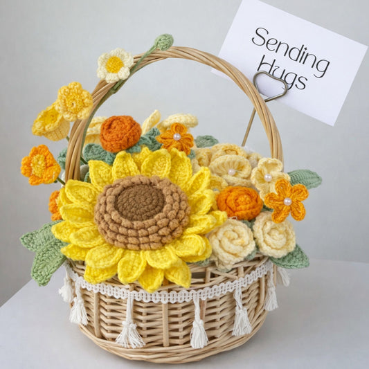 Handmade Crochet Sunflower Bouquet in Tassel Woven Basket - "Sending Hugs" Everlasting Floral Gift
