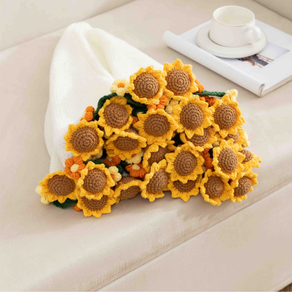 Handmade Crochet Sunflower Bouquet Blanket – Cozy Knit Floral Gift Wrap