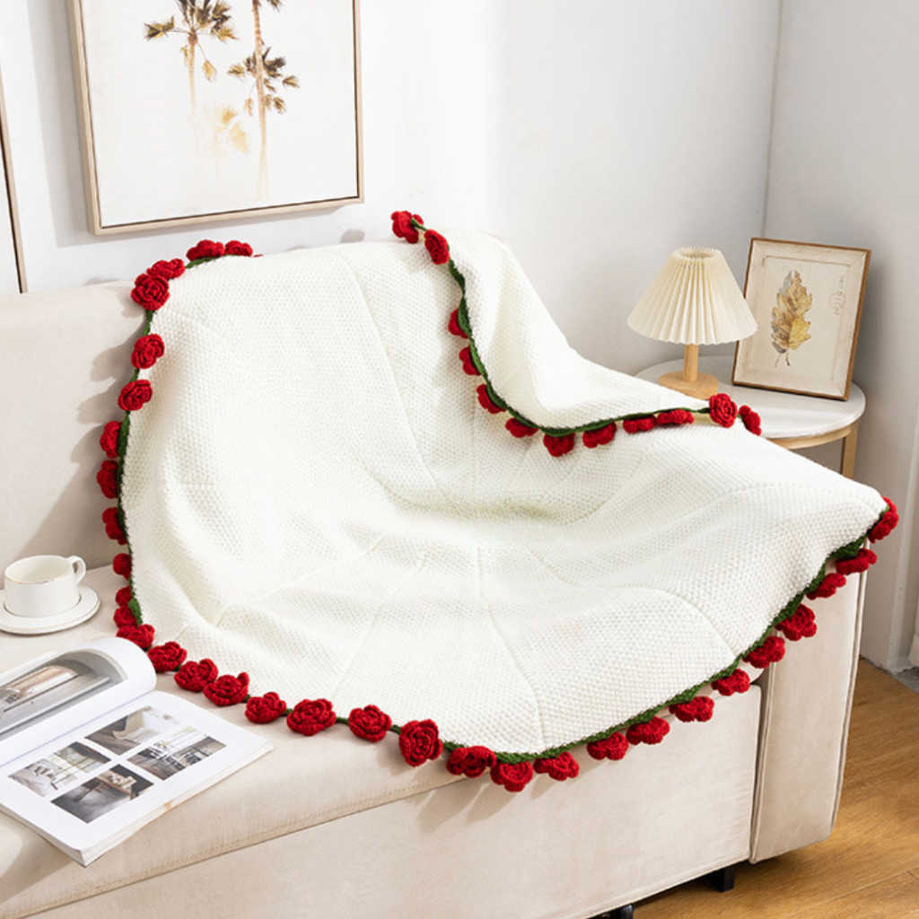 Handmade Crochet Red Rose Bouquet Blanket – Luxury Knit Floral Gift Wrap