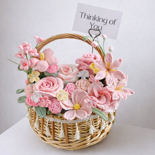 Luxury Handmade Crochet Rose & Daisy Bouquet in Woven Basket - Everlasting Floral Gift