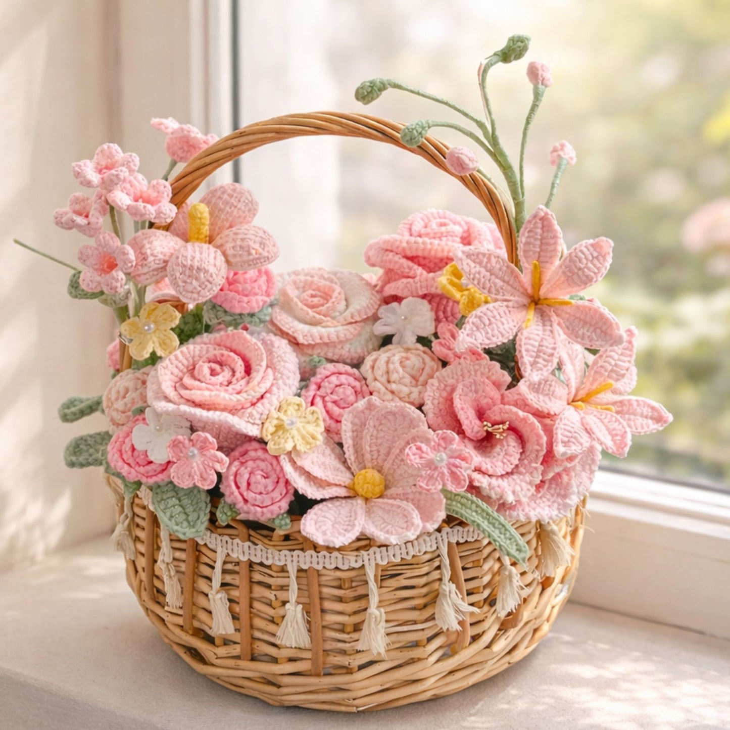 Luxury Handmade Crochet Rose & Daisy Bouquet in Woven Basket - Everlasting Floral Gift