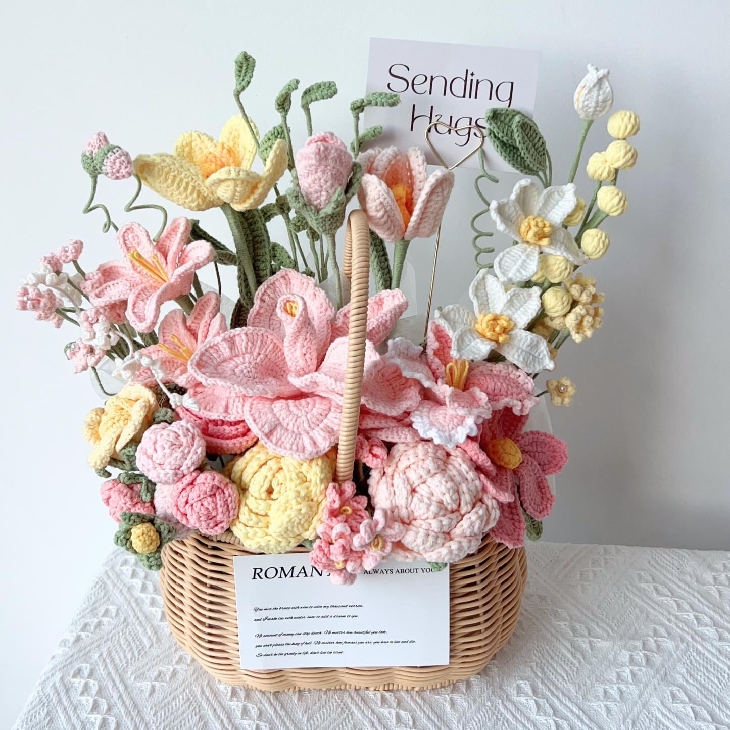 Premium Crochet Floral Arrangement in Woven Basket – Artisan Birthday & Anniversary Gift