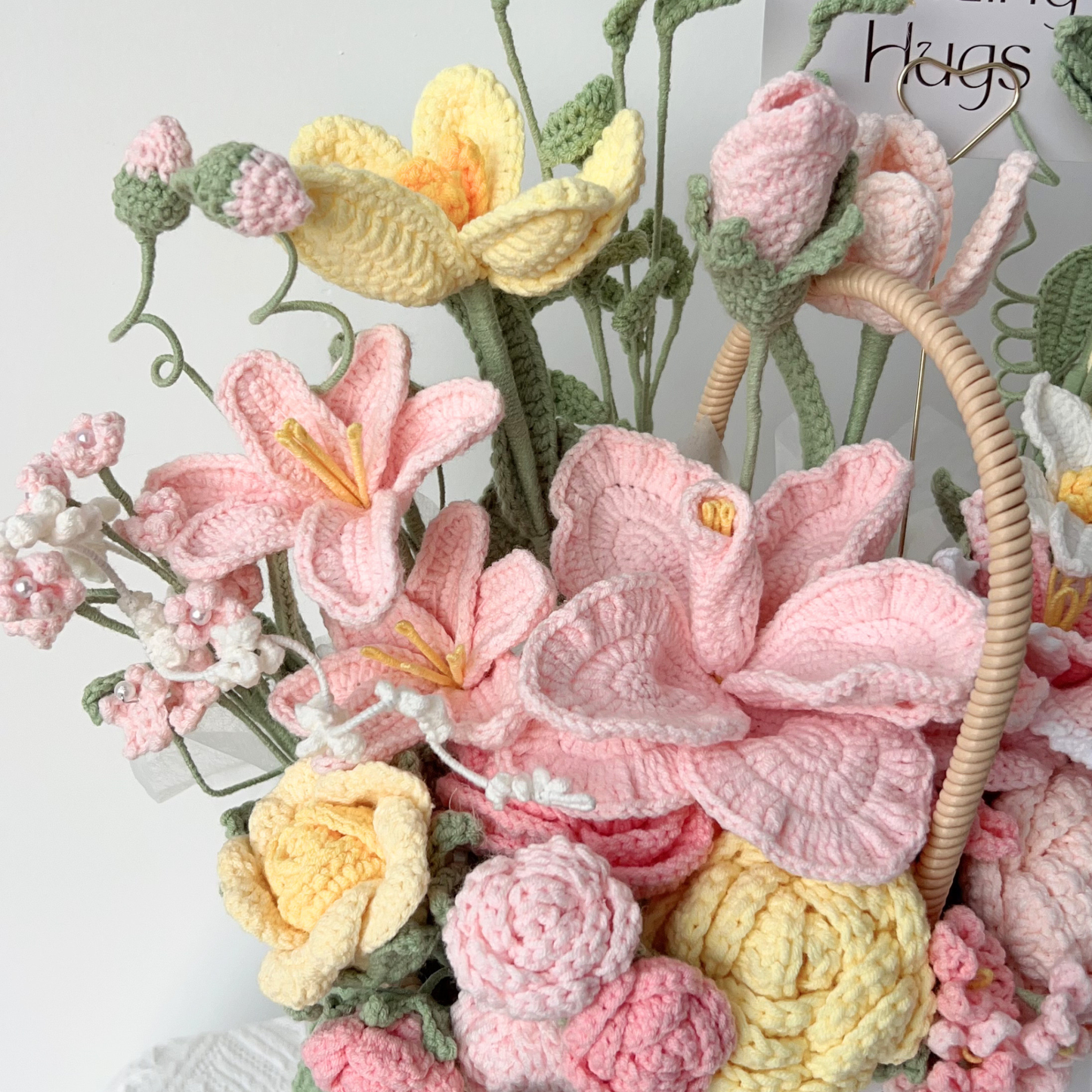 Premium Crochet Floral Arrangement in Woven Basket – Artisan Birthday & Anniversary Gift