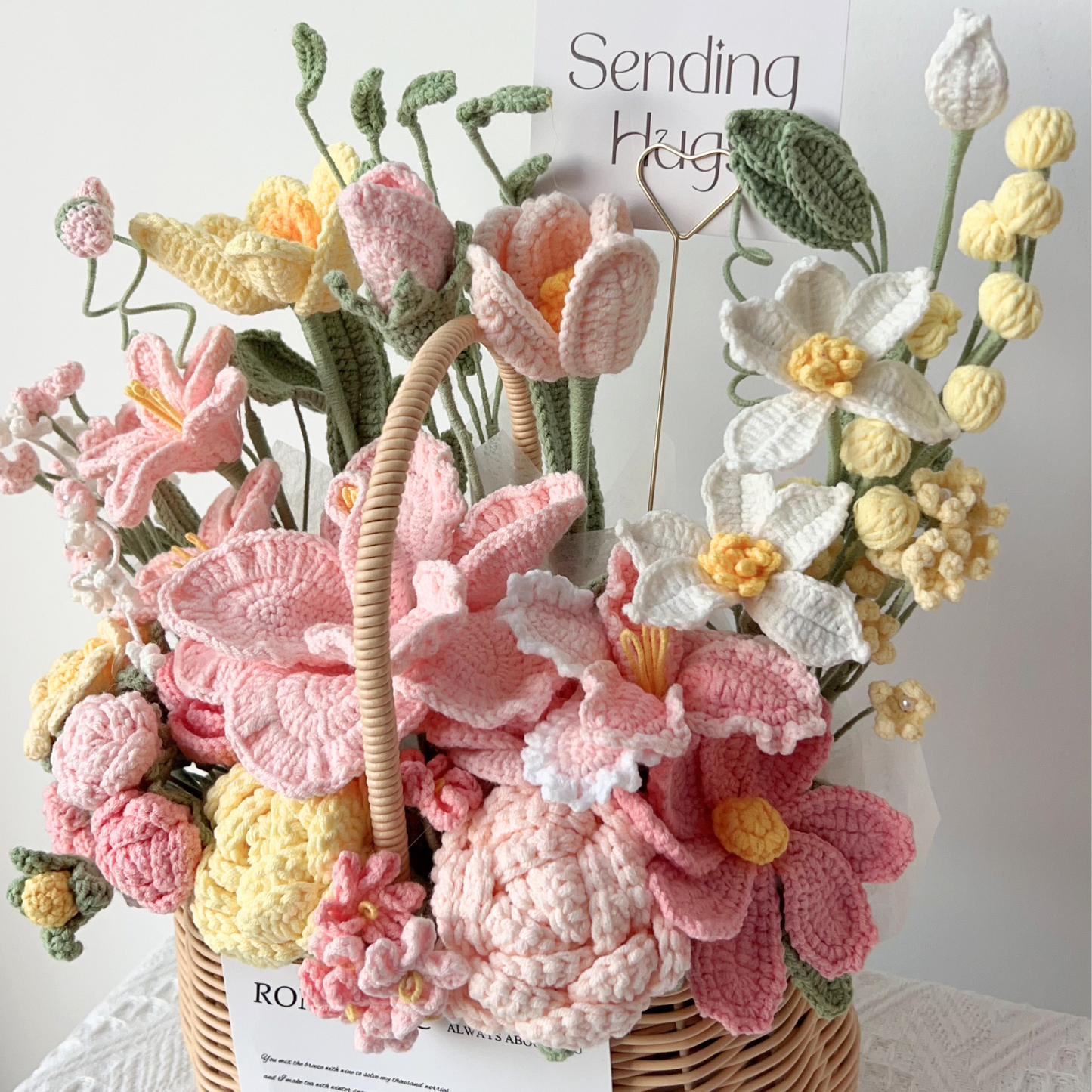 Premium Crochet Floral Arrangement in Woven Basket – Artisan Birthday & Anniversary Gift