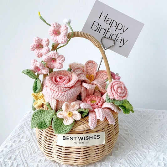 Handmade Crochet Flower Bouquet in Woven Basket - Everlasting Pink Rose & Daisy Birthday Gift